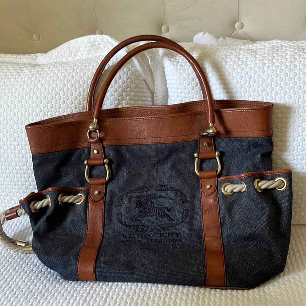 Burberry Denim and Brown Leather Tote Bag
